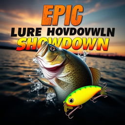 A stunning and eye-catching thumbnail showcasing a large, lifelike bass fish bursting out of the water, paired with a vibrant Jitterbug lure prominently in sight