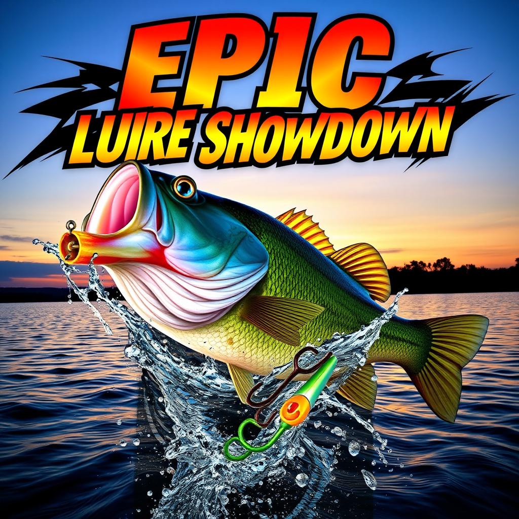 A stunning and eye-catching thumbnail showcasing a large, lifelike bass fish bursting out of the water, paired with a vibrant Jitterbug lure prominently in sight