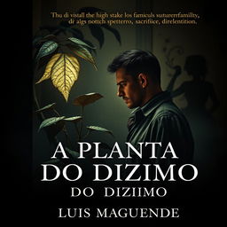 Book cover of a man hauntedly staring at an enigmatic, supernatural plant with dark, menacing leaves in a dimly lit room