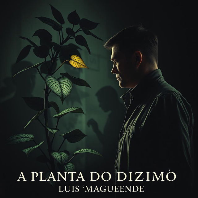 Book cover of a man hauntedly staring at an enigmatic, supernatural plant with dark, menacing leaves in a dimly lit room