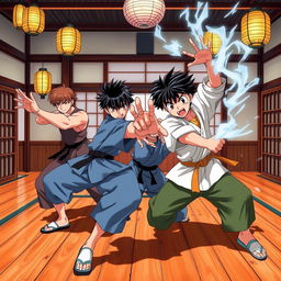 An action-packed scene inspired by "Ranma 1/2", featuring a dynamic martial arts battle in a traditional Japanese dojo