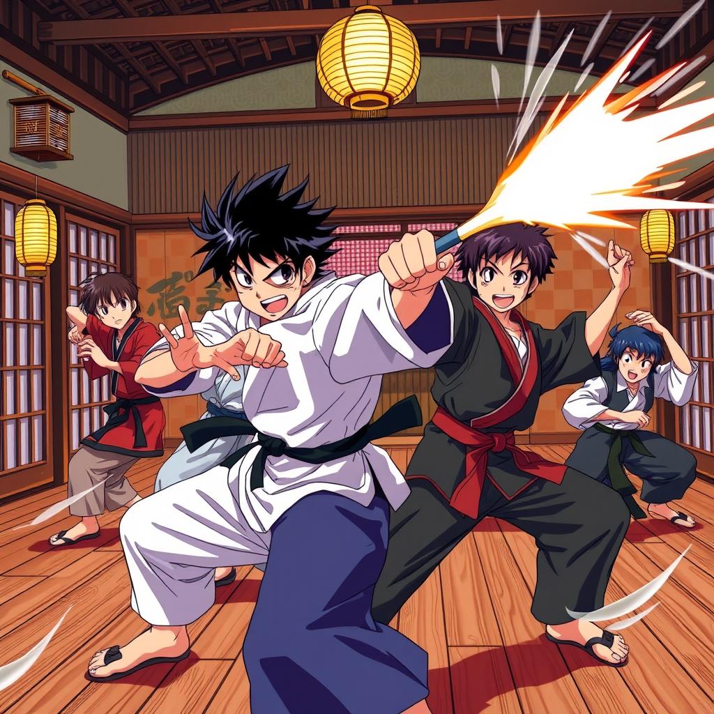 An action-packed scene inspired by "Ranma 1/2", featuring a dynamic martial arts battle in a traditional Japanese dojo