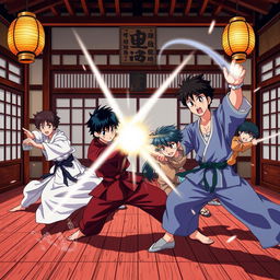 An action-packed scene inspired by "Ranma 1/2", featuring a dynamic martial arts battle in a traditional Japanese dojo