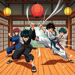 An action-packed scene inspired by "Ranma 1/2", featuring a dynamic martial arts battle in a traditional Japanese dojo