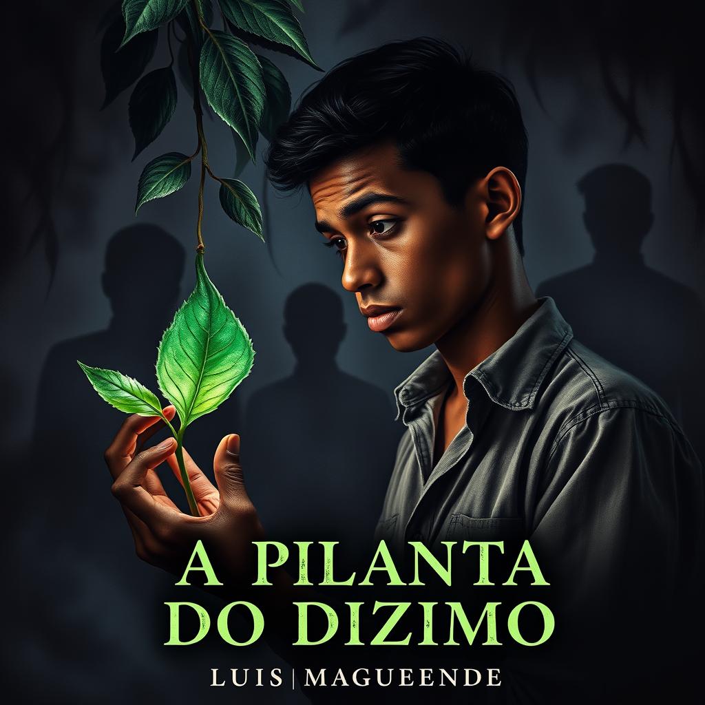 Book cover depicting a young Black man intensely eyeing a mystical and mysterious plant with dark, sinister leaves