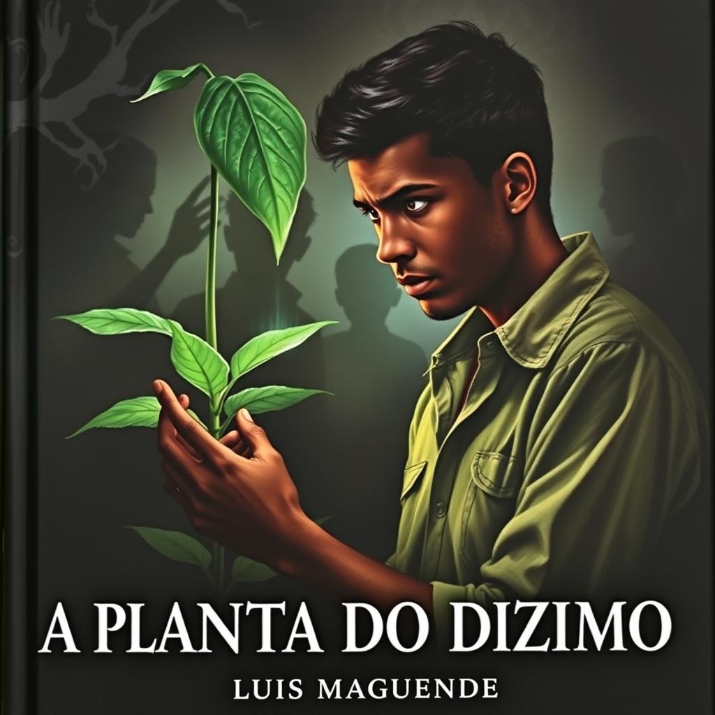 Book cover depicting a young Black man intensely eyeing a mystical and mysterious plant with dark, sinister leaves