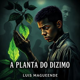 Book cover depicting a young Black man intensely eyeing a mystical and mysterious plant with dark, sinister leaves