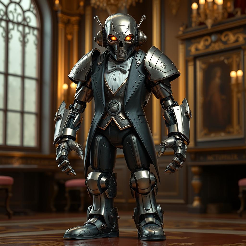 A distinguished Warforged butler, showcasing a blend of intricate metallic and robotic elements with a refined, polished finish