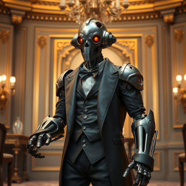 A distinguished Warforged butler, showcasing a blend of intricate metallic and robotic elements with a refined, polished finish