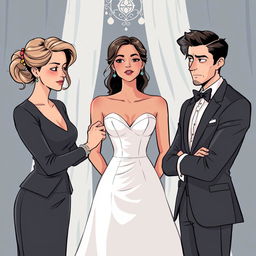 Una ilustración romántica contemporánea que muestra una escena de boda con tres personajes principales en el centro