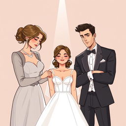 Una ilustración romántica contemporánea que muestra una escena de boda con tres personajes principales en el centro