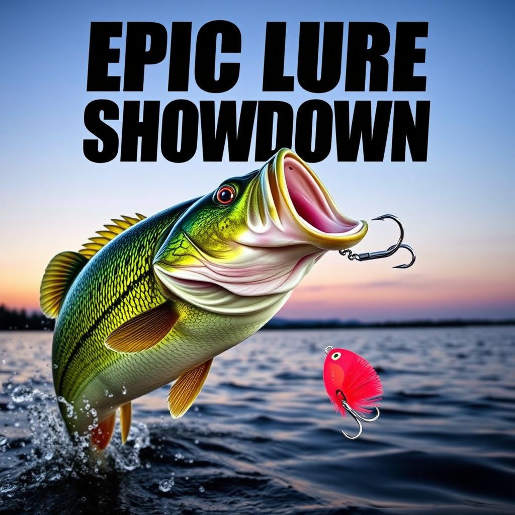 A visually captivating thumbnail displaying a large, realistic bass fish leaping out of the water towards a prominently featured Jitterbug lure