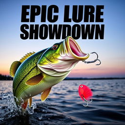 A visually captivating thumbnail displaying a large, realistic bass fish leaping out of the water towards a prominently featured Jitterbug lure