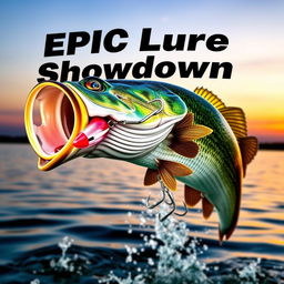 A visually captivating thumbnail displaying a large, realistic bass fish leaping out of the water towards a prominently featured Jitterbug lure