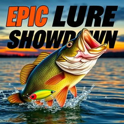 A thrilling and vivid thumbnail showcasing a large, lifelike bass fish jumping out of the water, with a Jitterbug lure prominently displayed nearby