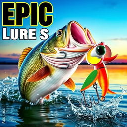 A thrilling and vivid thumbnail showcasing a large, lifelike bass fish jumping out of the water, with a Jitterbug lure prominently displayed nearby