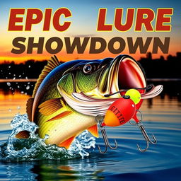 A thrilling and vivid thumbnail showcasing a large, lifelike bass fish jumping out of the water, with a Jitterbug lure prominently displayed nearby