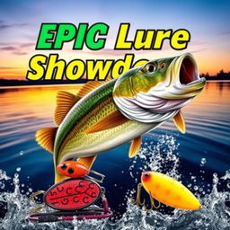 A thrilling and vivid thumbnail showcasing a large, lifelike bass fish jumping out of the water, with a Jitterbug lure prominently displayed nearby