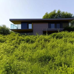 A stunning, architecturally impressive house situated on a 25x25 meter field, surrounded by lush greenery.