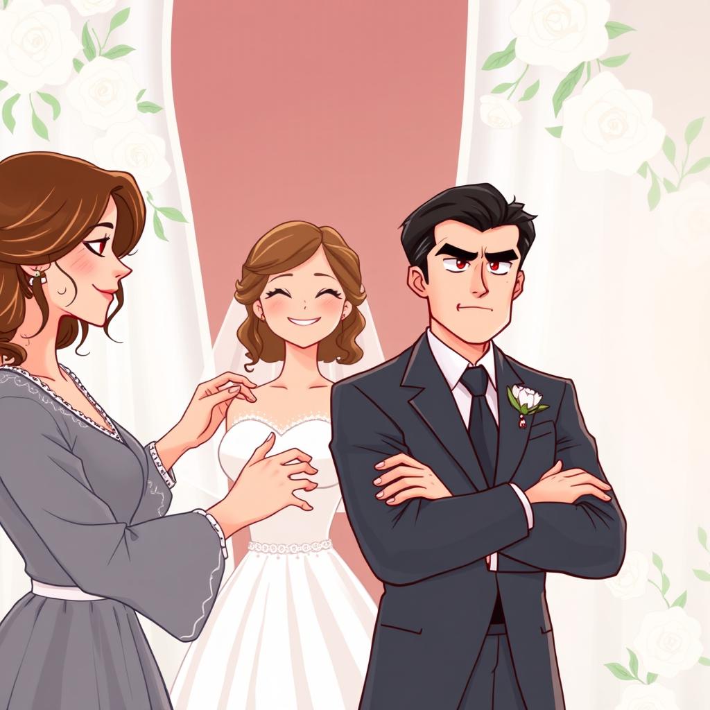 A contemporary romantic illustration showing a wedding scene with three main characters at the center