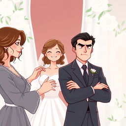 A contemporary romantic illustration showing a wedding scene with three main characters at the center