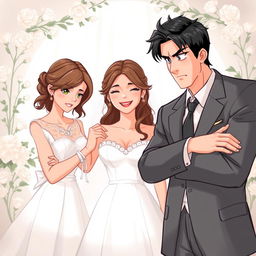 A contemporary romantic illustration showing a wedding scene with three main characters at the center