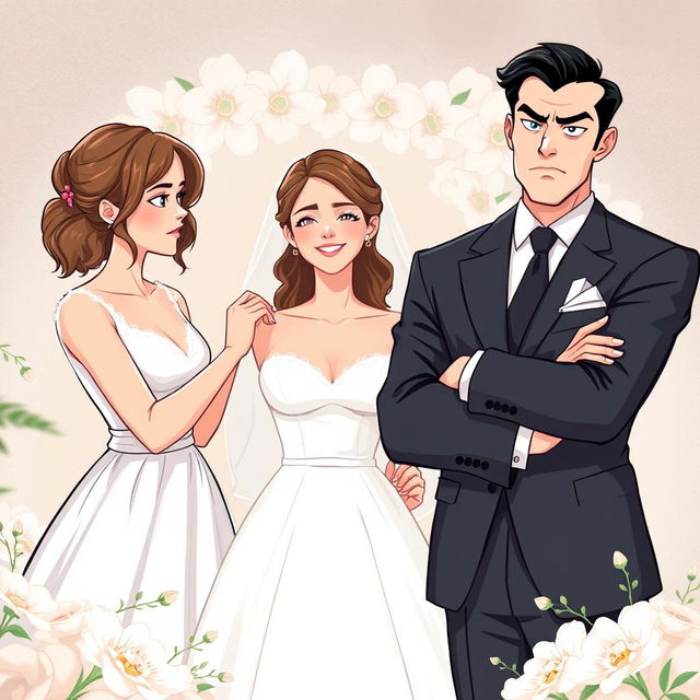 A contemporary romantic illustration showing a wedding scene with three main characters at the center