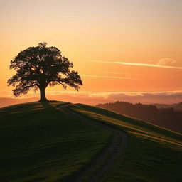 A serene and picturesque landscape of a peaceful hill with lush greenery, illuminated by the gentle glow of the setting sun casting elongated shadows