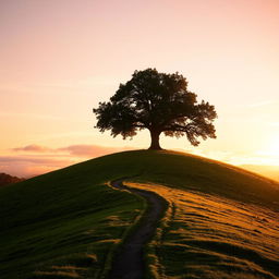 A serene and picturesque landscape of a peaceful hill with lush greenery, illuminated by the gentle glow of the setting sun casting elongated shadows