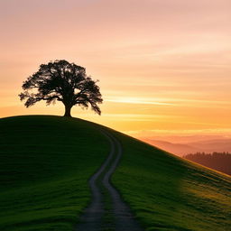 A serene and picturesque landscape of a peaceful hill with lush greenery, illuminated by the gentle glow of the setting sun casting elongated shadows