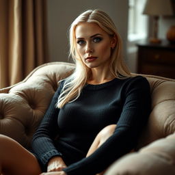 A cozy, intimate portrait of a thin blonde dominatrix with large breasts, gracefully seated on a lush sofa