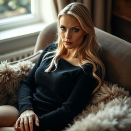 A cozy, intimate portrait of a thin blonde dominatrix with large breasts, gracefully seated on a lush sofa