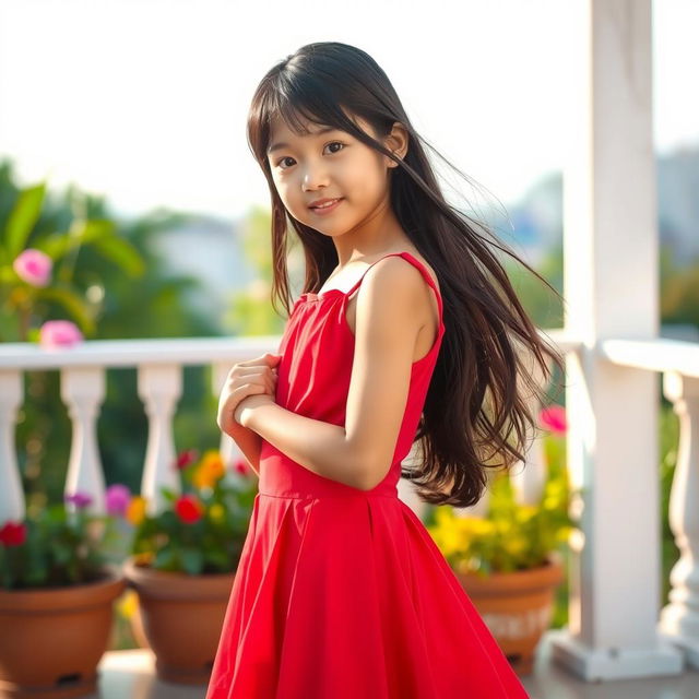 A beautiful Asiatic girl wearing a short, stylish dress, standing barefoot on a sunlit terrace