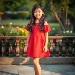 A beautiful Asiatic girl wearing a short, stylish dress, standing barefoot on a sunlit terrace