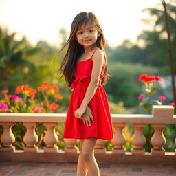 A beautiful Asiatic girl wearing a short, stylish dress, standing barefoot on a sunlit terrace