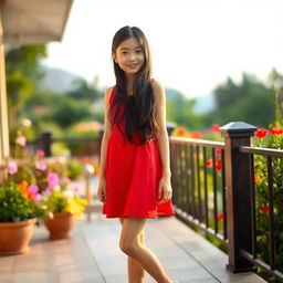 A beautiful Asiatic girl wearing a short, stylish dress, standing barefoot on a sunlit terrace