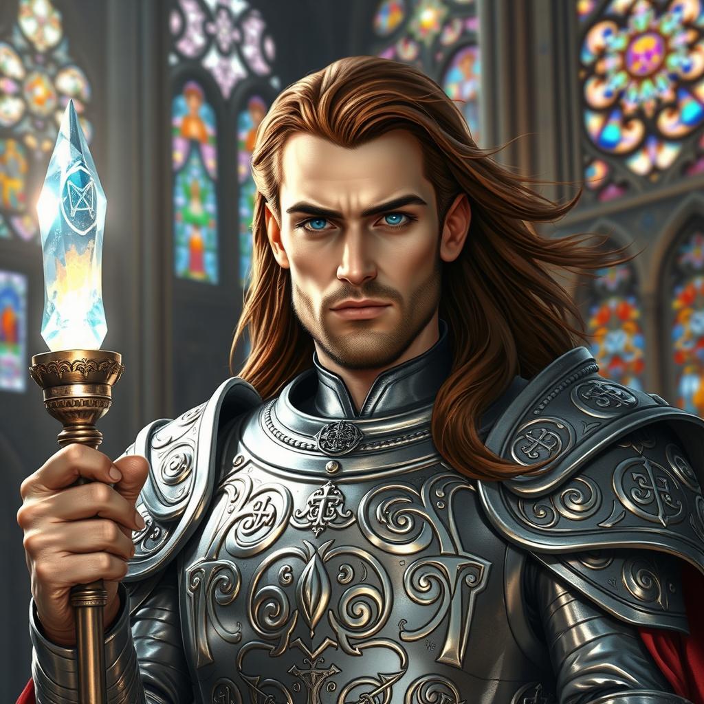 A powerful variant human cleric, adorned in shimmering silver armor engraved with complex holy symbols