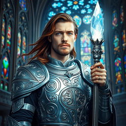 A powerful variant human cleric, adorned in shimmering silver armor engraved with complex holy symbols
