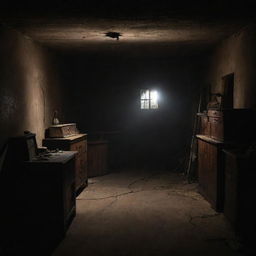 A terrifying, dimly-lit basement filled with creepy shadows, cobwebs, and ominous items, creating an atmosphere of fear and suspense.