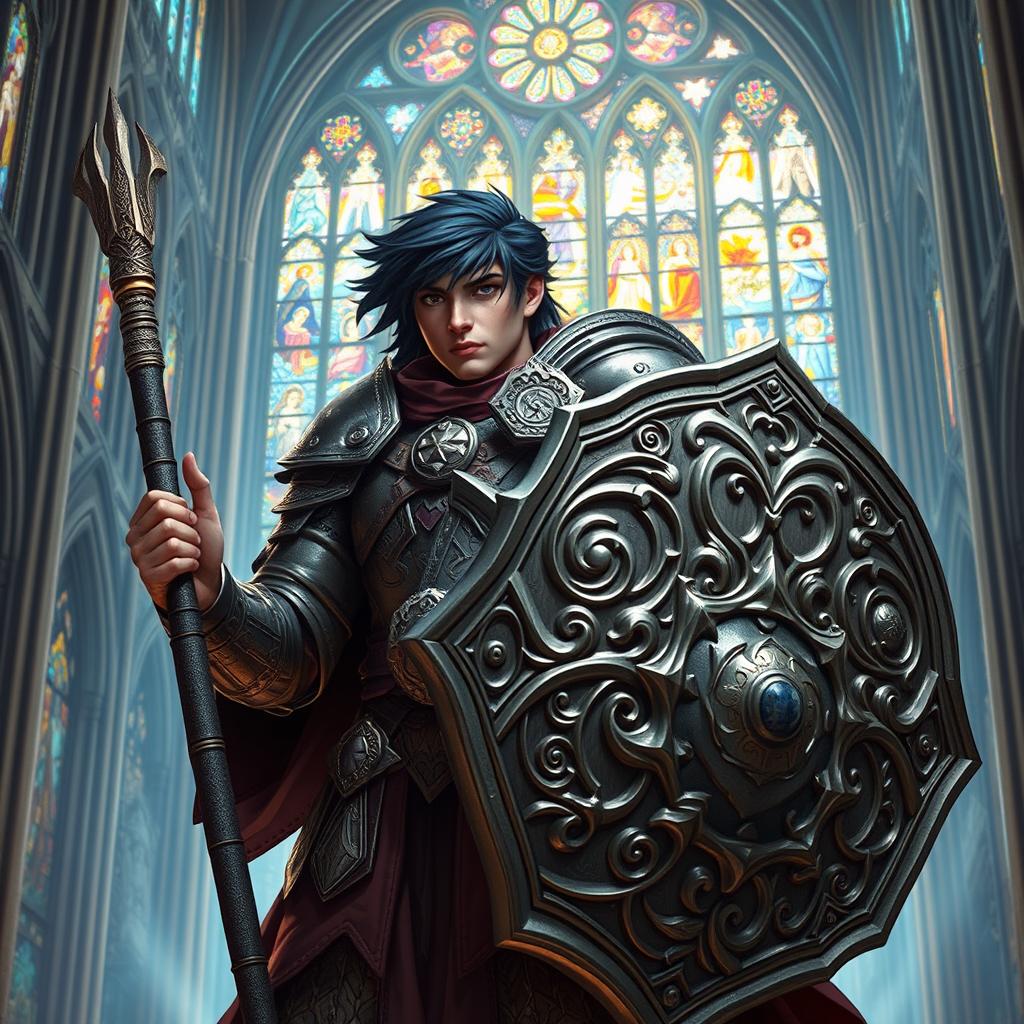 A powerful variant human cleric with striking black hair and a confident stance