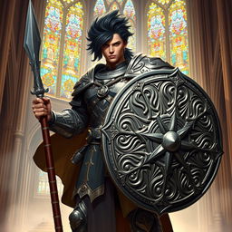 A powerful variant human cleric with striking black hair and a confident stance