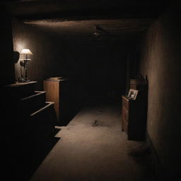 A terrifying, dimly-lit basement filled with creepy shadows, cobwebs, and ominous items, creating an atmosphere of fear and suspense.