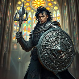 A powerful variant human cleric with striking black hair and a confident stance