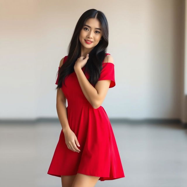 An elegant Asiatic woman with long black hair, gracefully posing in a stylish, short red dress that highlights her form