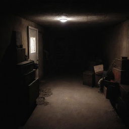 A terrifying, dimly-lit basement filled with creepy shadows, cobwebs, and ominous items, creating an atmosphere of fear and suspense.