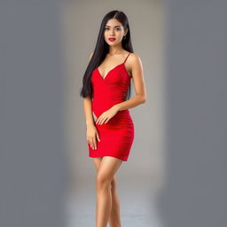 An elegant Asiatic woman with long black hair, gracefully posing in a stylish, short red dress that highlights her form