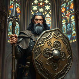 A seasoned variant human cleric, aged 50, with distinguished black hair showing subtle signs of wisdom through streaks of silver