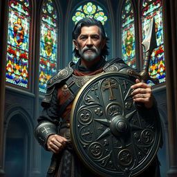 A seasoned variant human cleric, aged 50, with distinguished black hair showing subtle signs of wisdom through streaks of silver