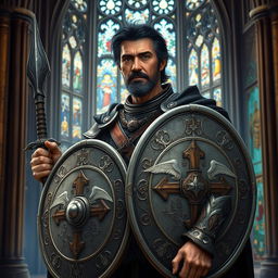 A seasoned variant human cleric, aged 50, with distinguished black hair showing subtle signs of wisdom through streaks of silver