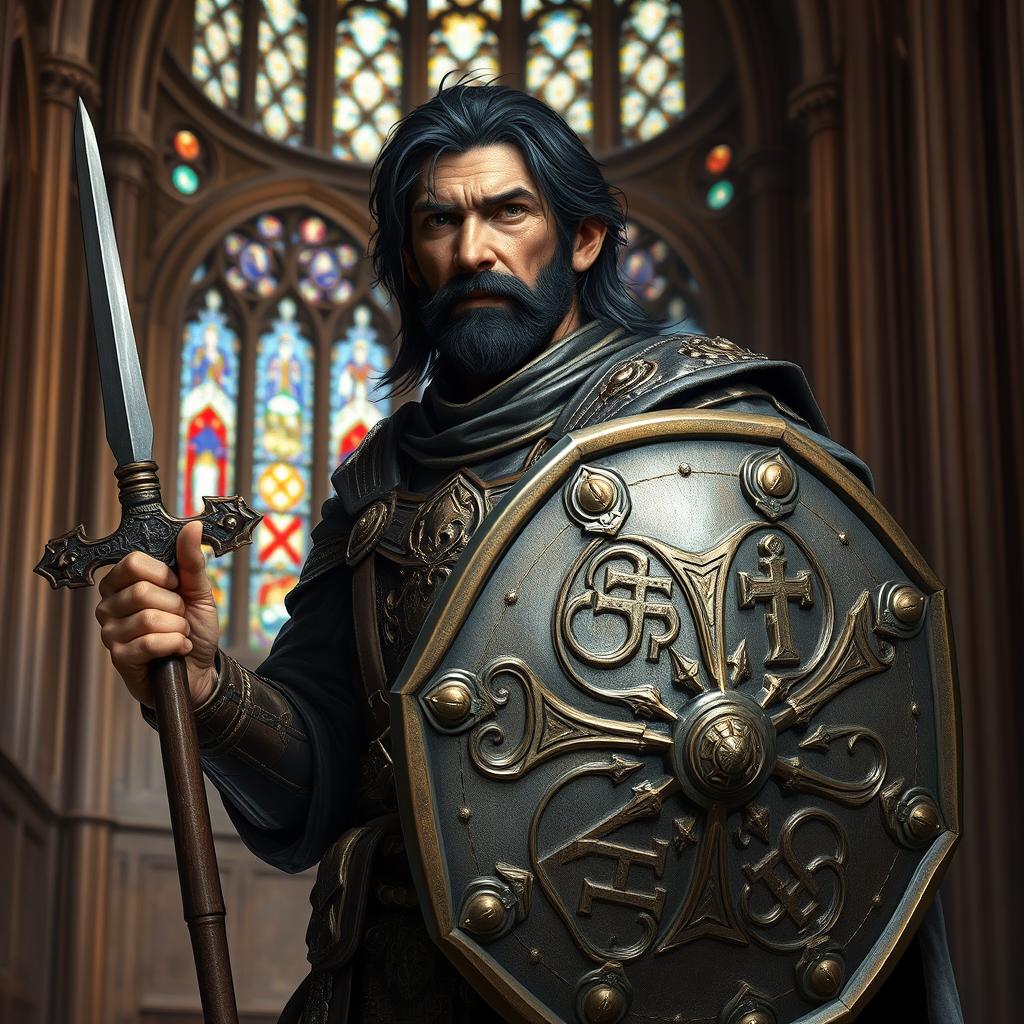 A seasoned variant human cleric, aged 50, with distinguished black hair showing subtle signs of wisdom through streaks of silver